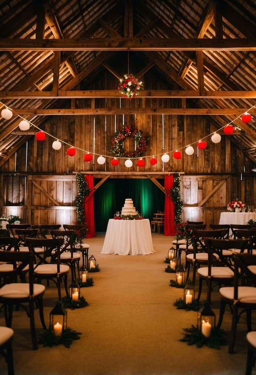 A rustic barn venue adorned with red and green decor, creating a festive and cozy atmosphere for a wedding celebration
