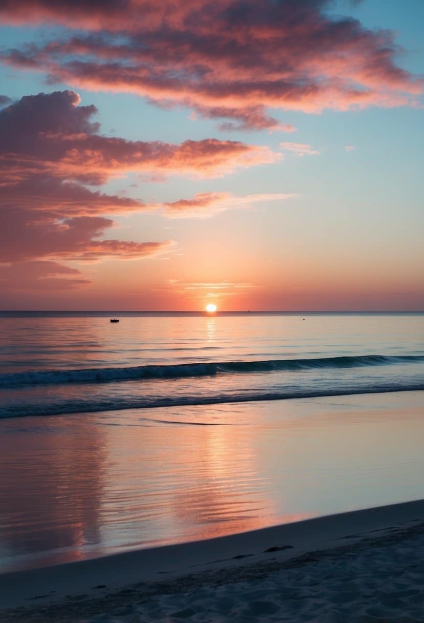 A tranquil beach at sunset, with deep blue waters and coral-colored sky reflecting on the sand