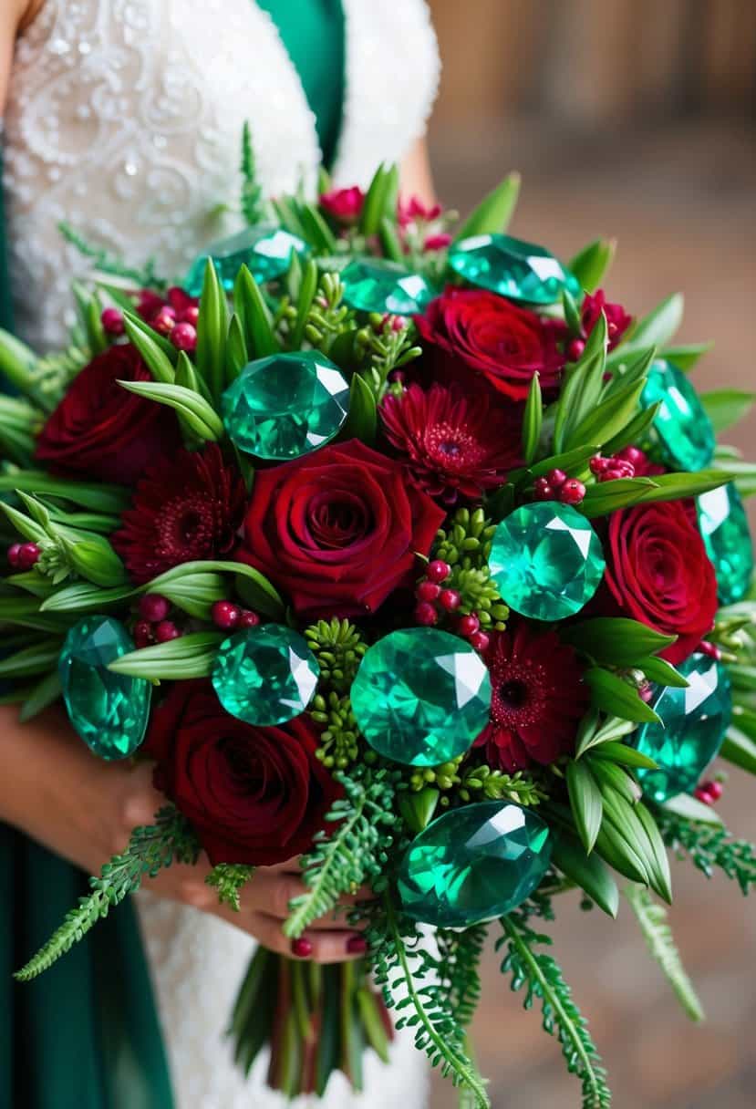A lush bouquet of emerald and ruby gemstones intertwined with greenery and red flowers, creating a vibrant and elegant wedding color palette