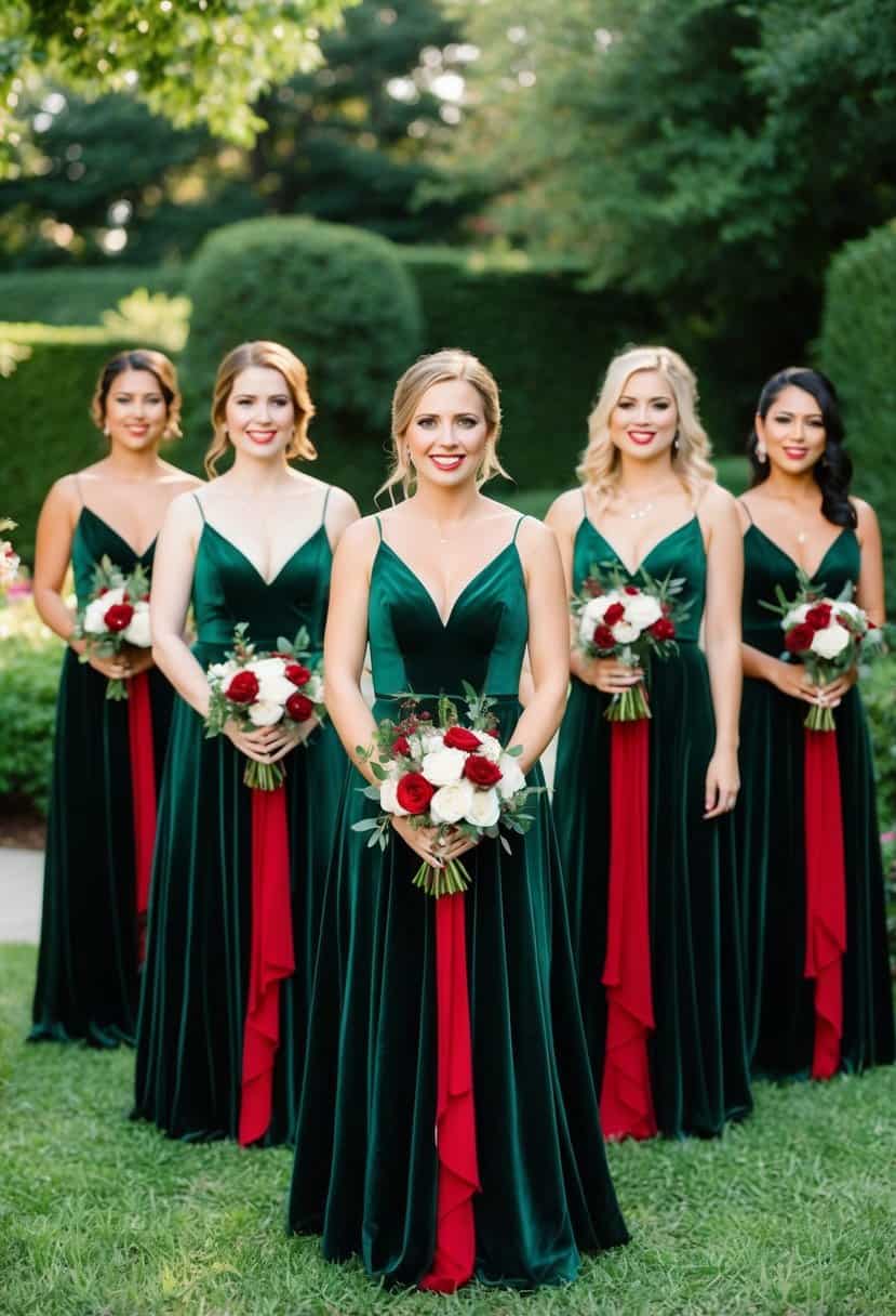 Green velvet bridesmaid dresses with red accents in a lush garden setting