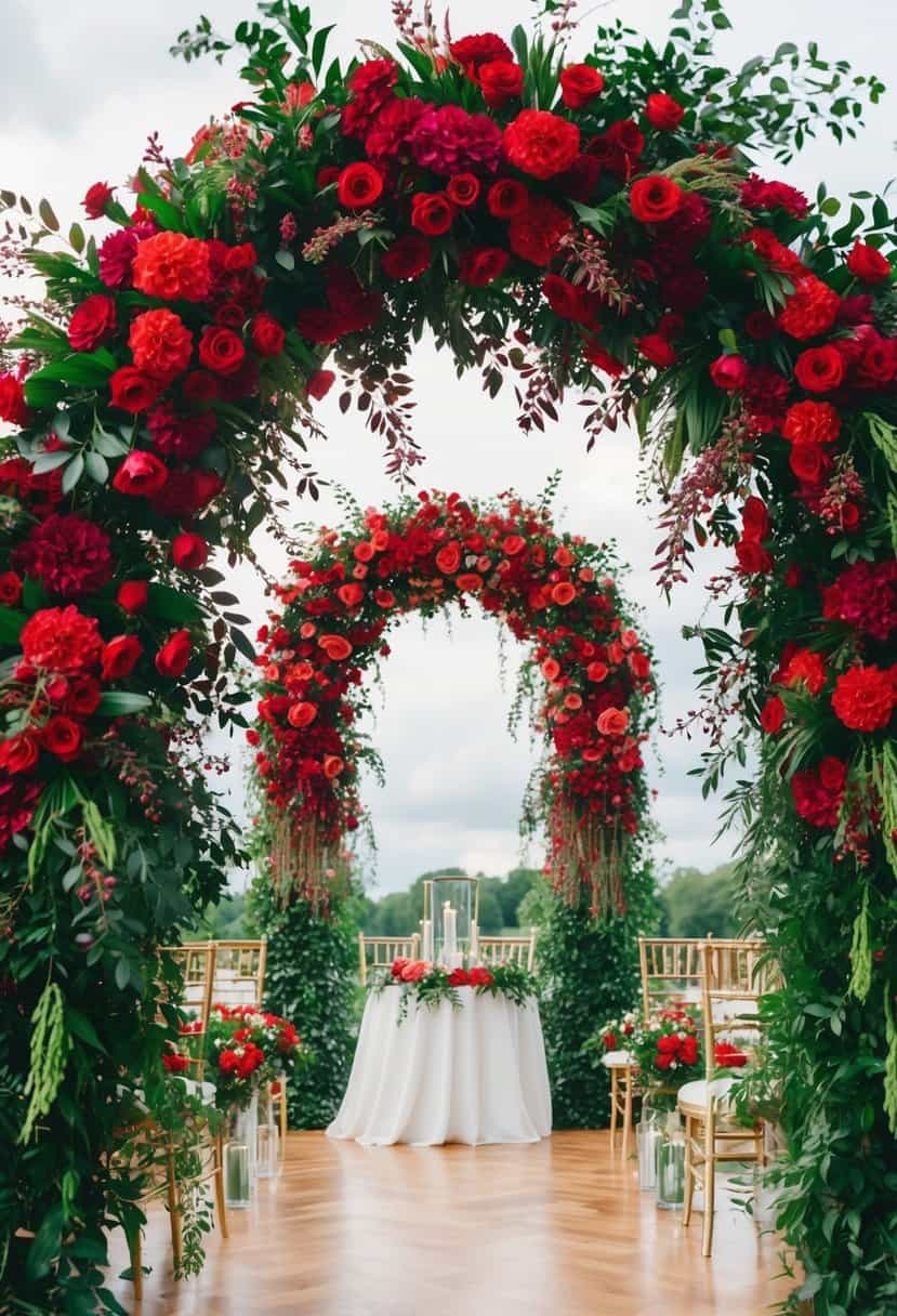 A lush floral archway adorned with vibrant red and green blooms, creating a beautiful backdrop for a wedding celebration
