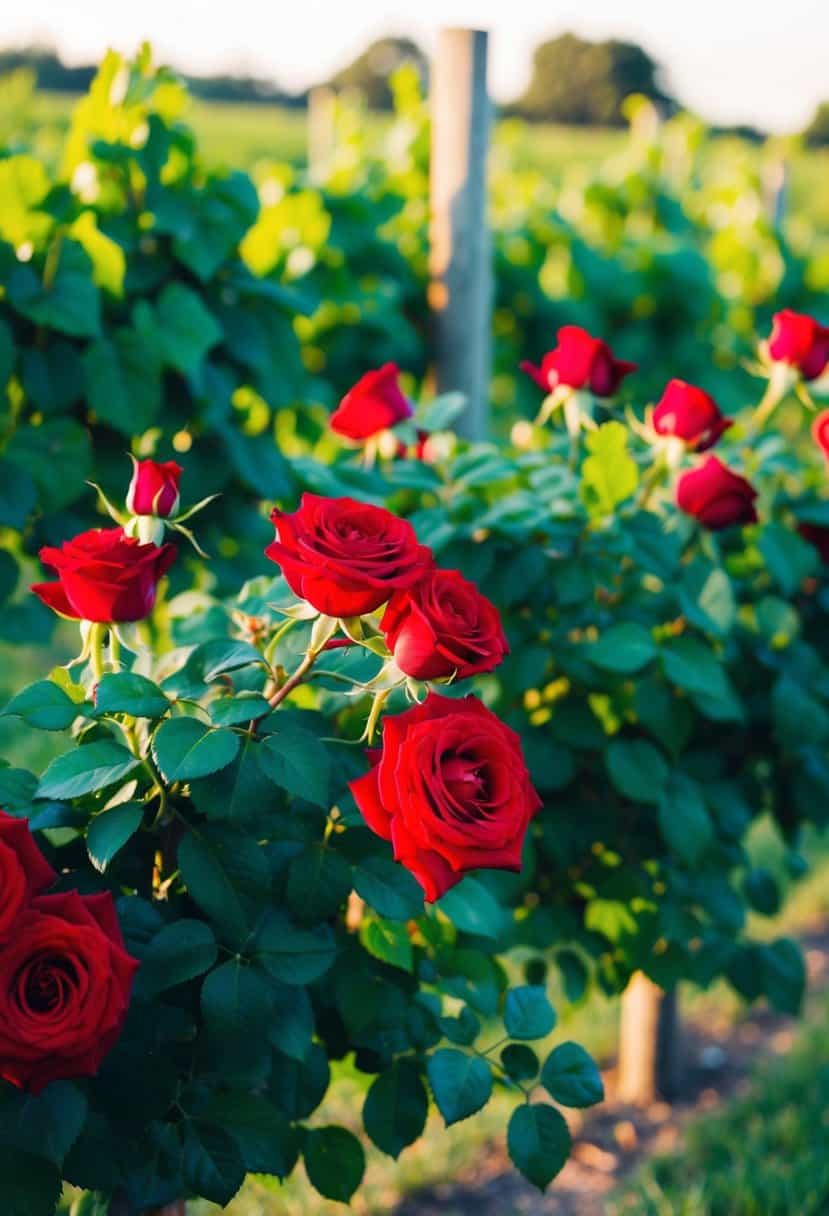 A lush vineyard setting with vibrant red roses and green foliage, providing inspiration for a romantic wedding color scheme