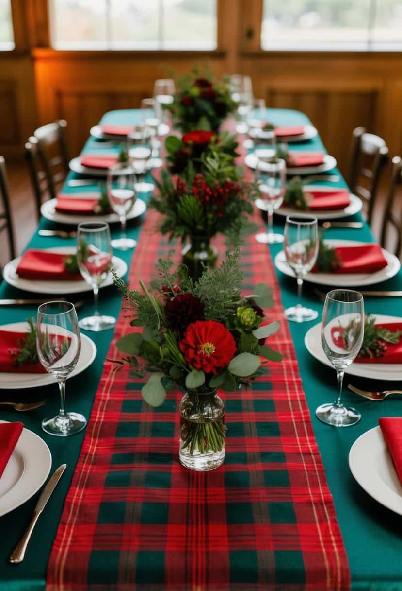 A table set with tartan runners and greenery centerpieces in red and green hues, evoking a festive and elegant wedding color scheme