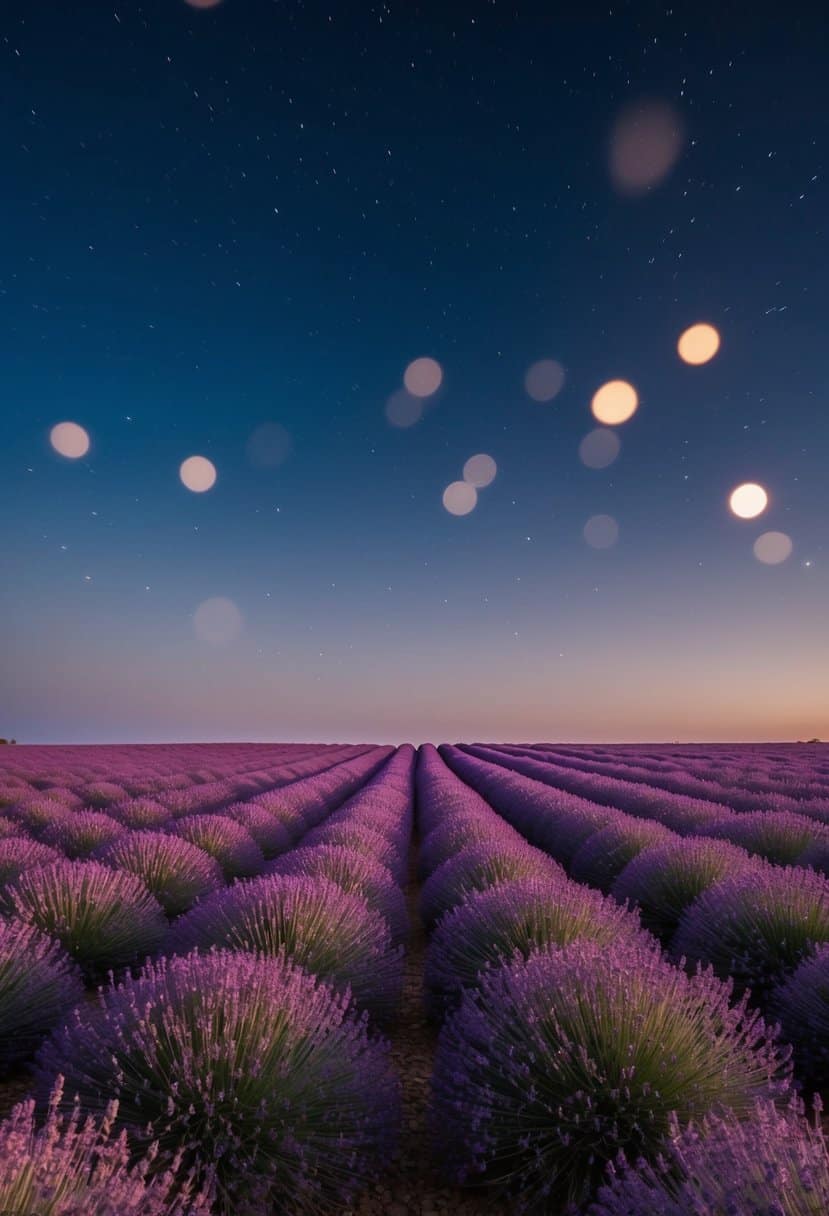 A lavender field under a navy night sky with stars