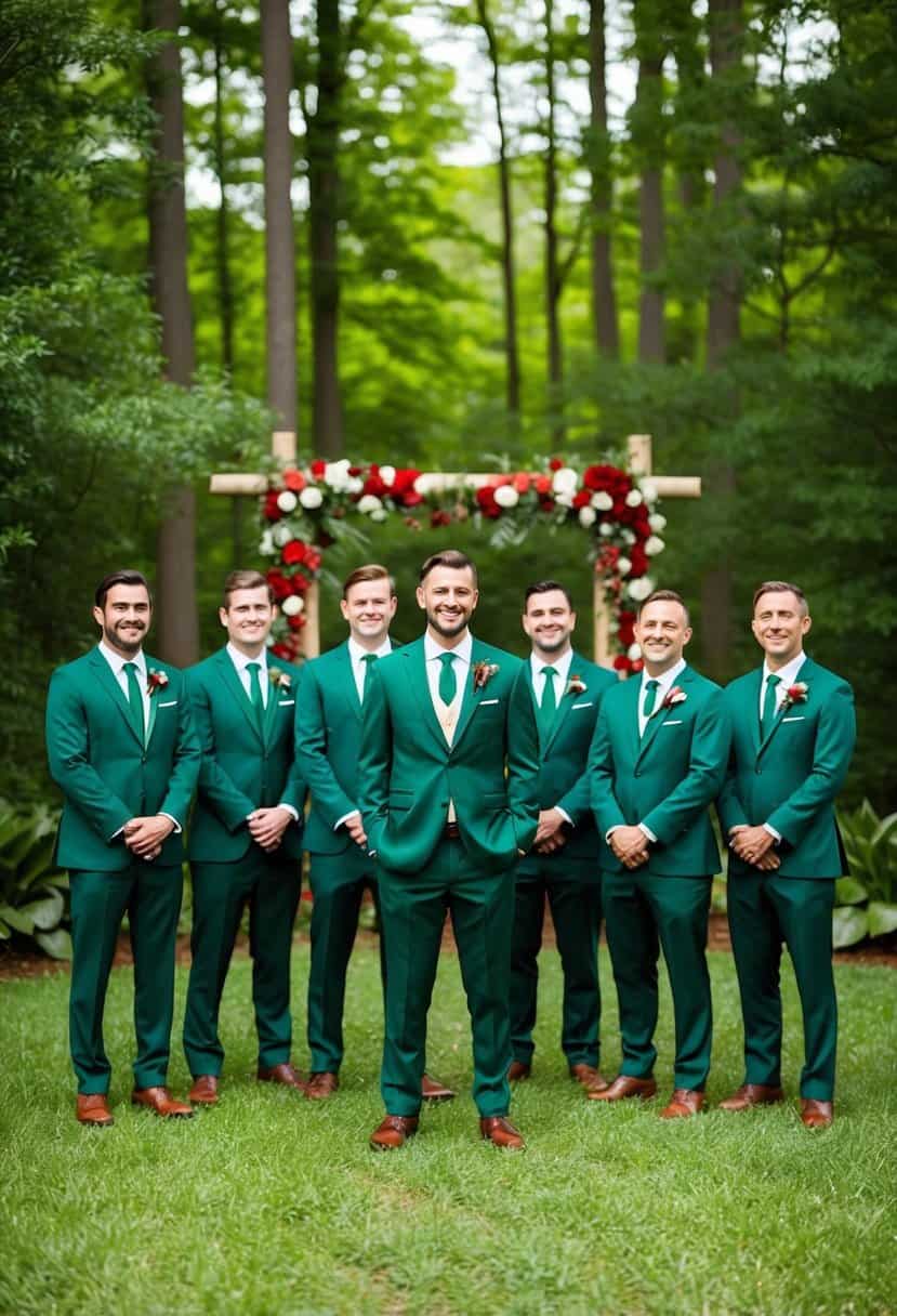 A group of groomsmen in forest green suits stand in a lush, green forest with touches of red decor, capturing the essence of a red and green wedding theme