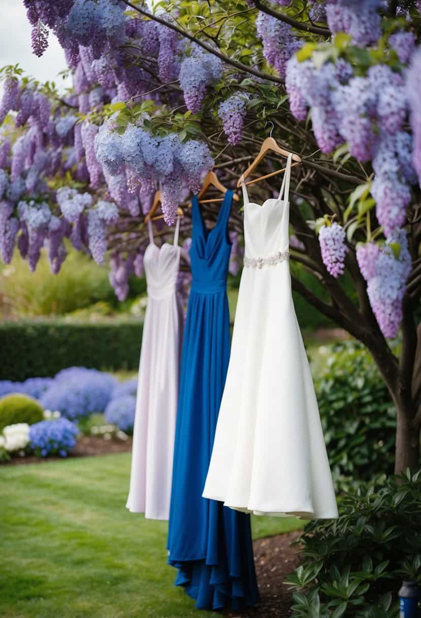 A garden filled with blooming lilac and cobalt blue flowers, with bridesmaid dresses hanging from a tree