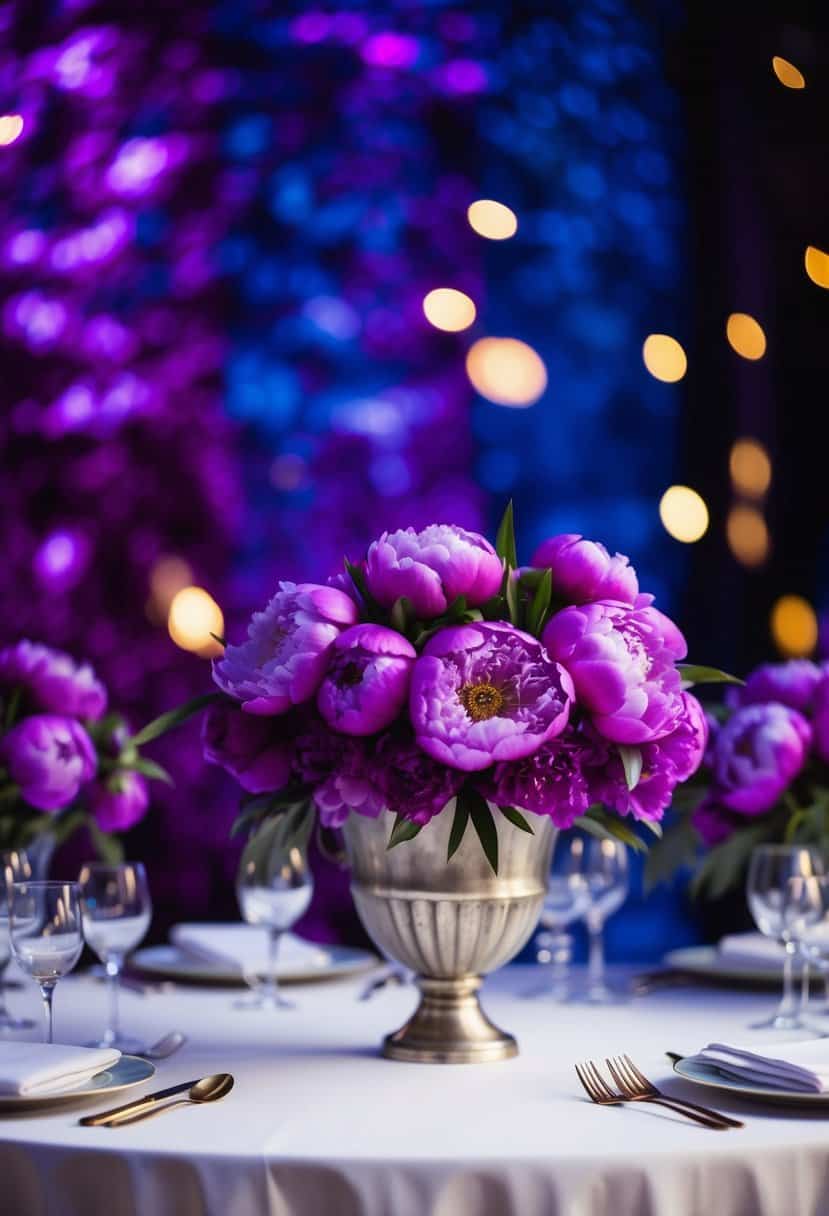 A table adorned with vibrant violet peony bouquets, set against a backdrop of rich purple and deep blue hues