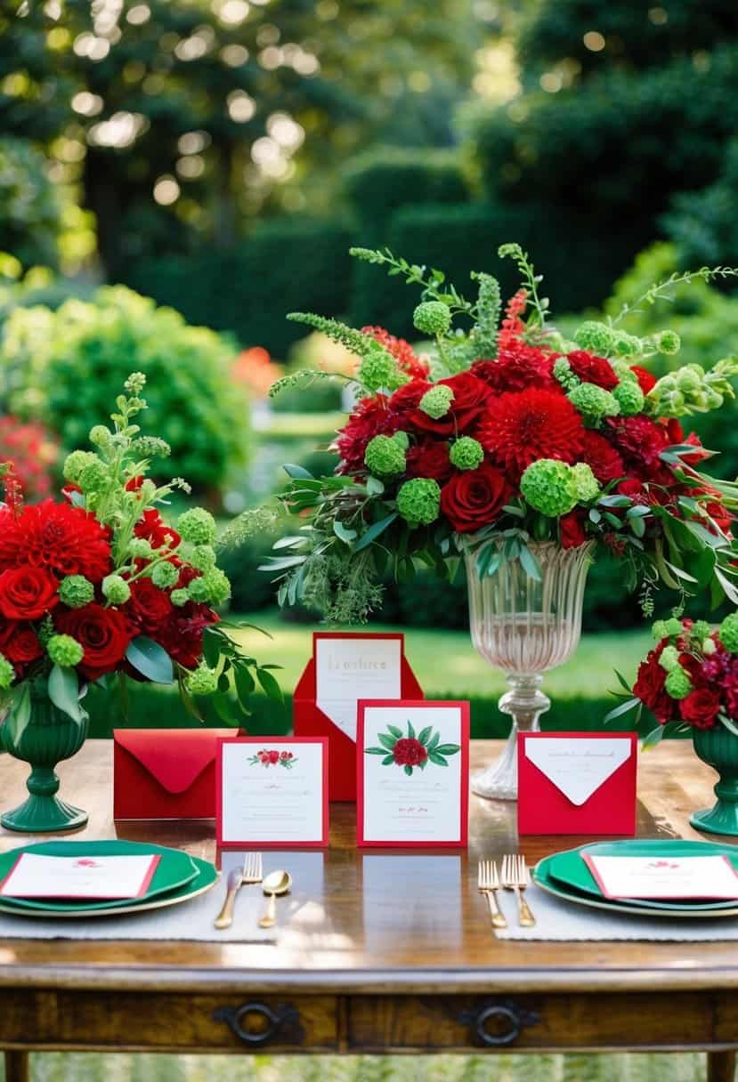A lush garden setting with red and green floral arrangements, elegant red and green invitations displayed on a vintage wooden table