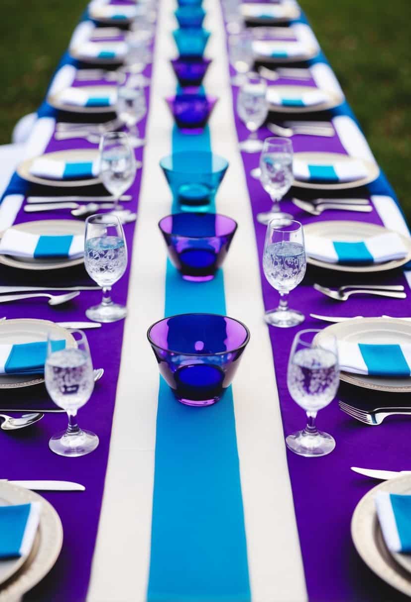 A table set with azure table runners in shades of purple and blue for a wedding