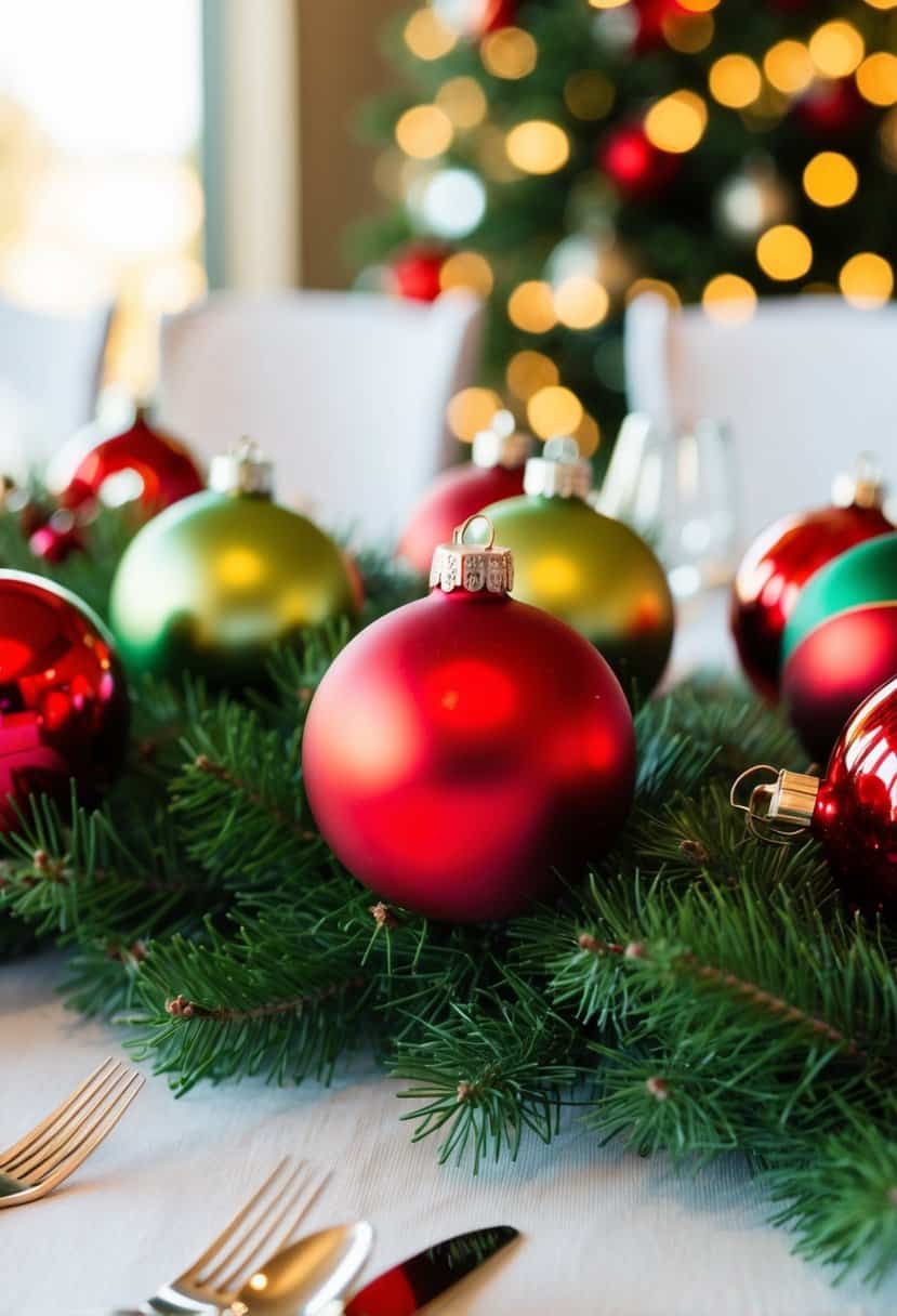 A table adorned with red and green Christmas ornament wedding favors