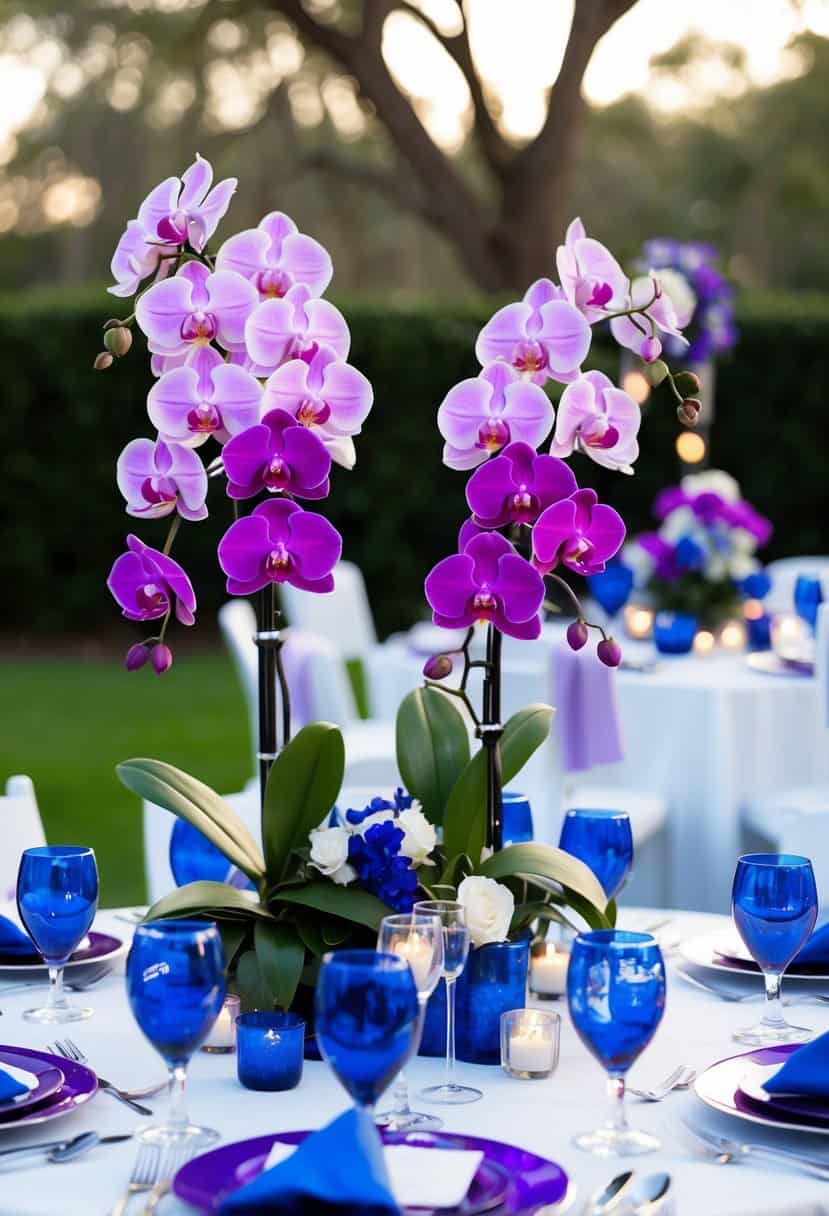 A table set with vibrant orchid and sapphire centerpieces, creating a stunning purple and blue color palette for a wedding