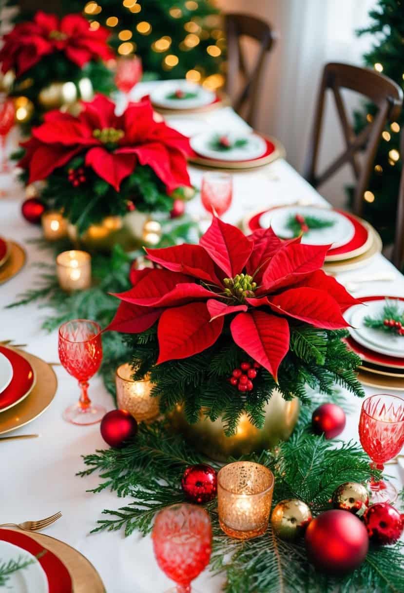 A festive table adorned with poinsettia and evergreen centerpieces in red and green, creating a vibrant and elegant atmosphere for a wedding celebration