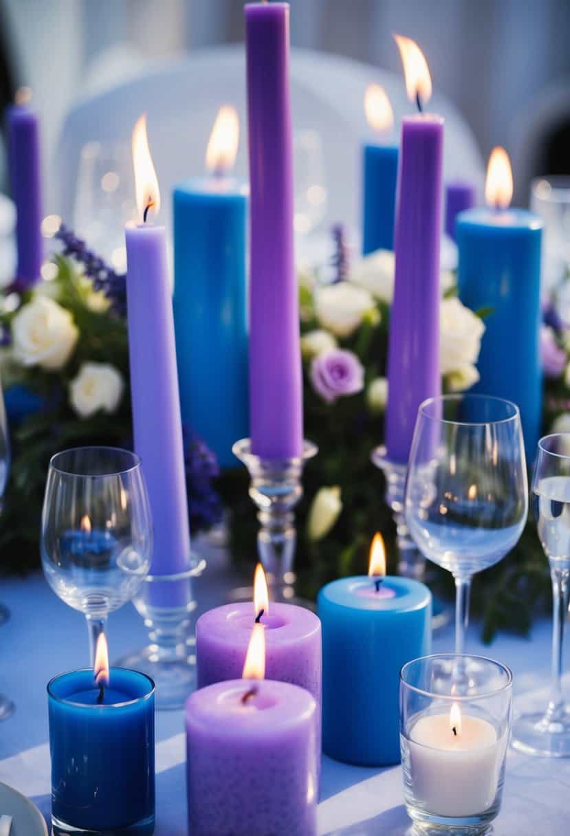 A table adorned with indigo and lavender candles, casting a soft purple and blue glow in a romantic wedding setting