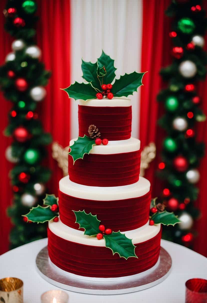 A three-tiered red velvet wedding cake adorned with holly leaves and berries, set against a backdrop of red and green wedding decorations