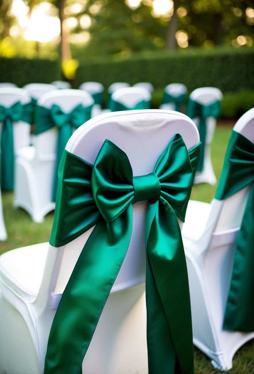 Green satin sashes draped over white chair covers