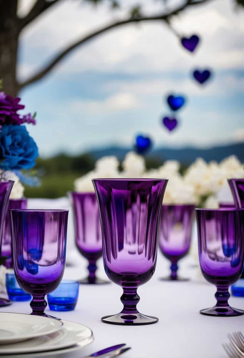 Hyaline glassware in amethyst tint, arranged with purple and blue accents for a wedding celebration