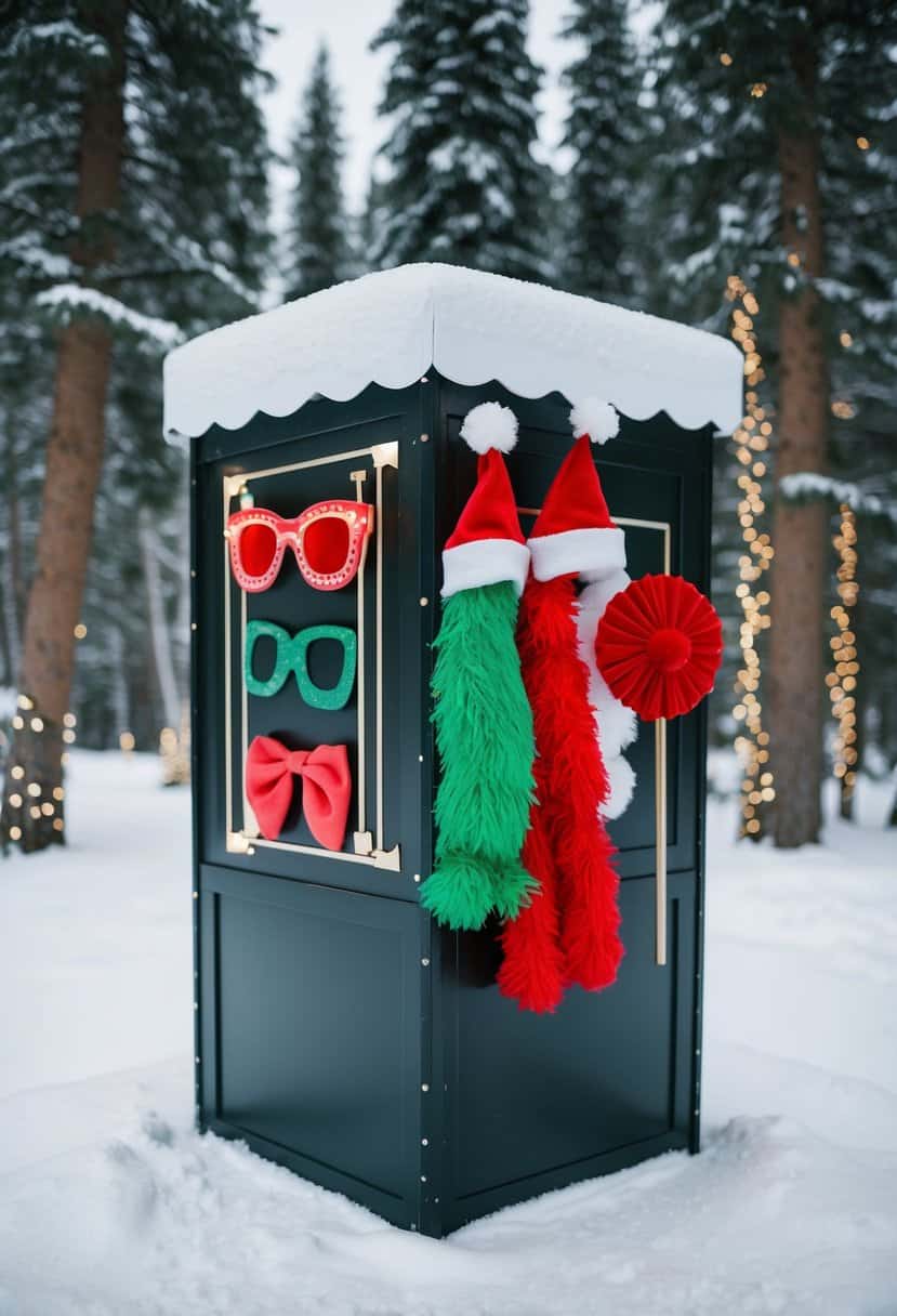 A snow-covered photo booth with red and green props, surrounded by pine trees and twinkling lights