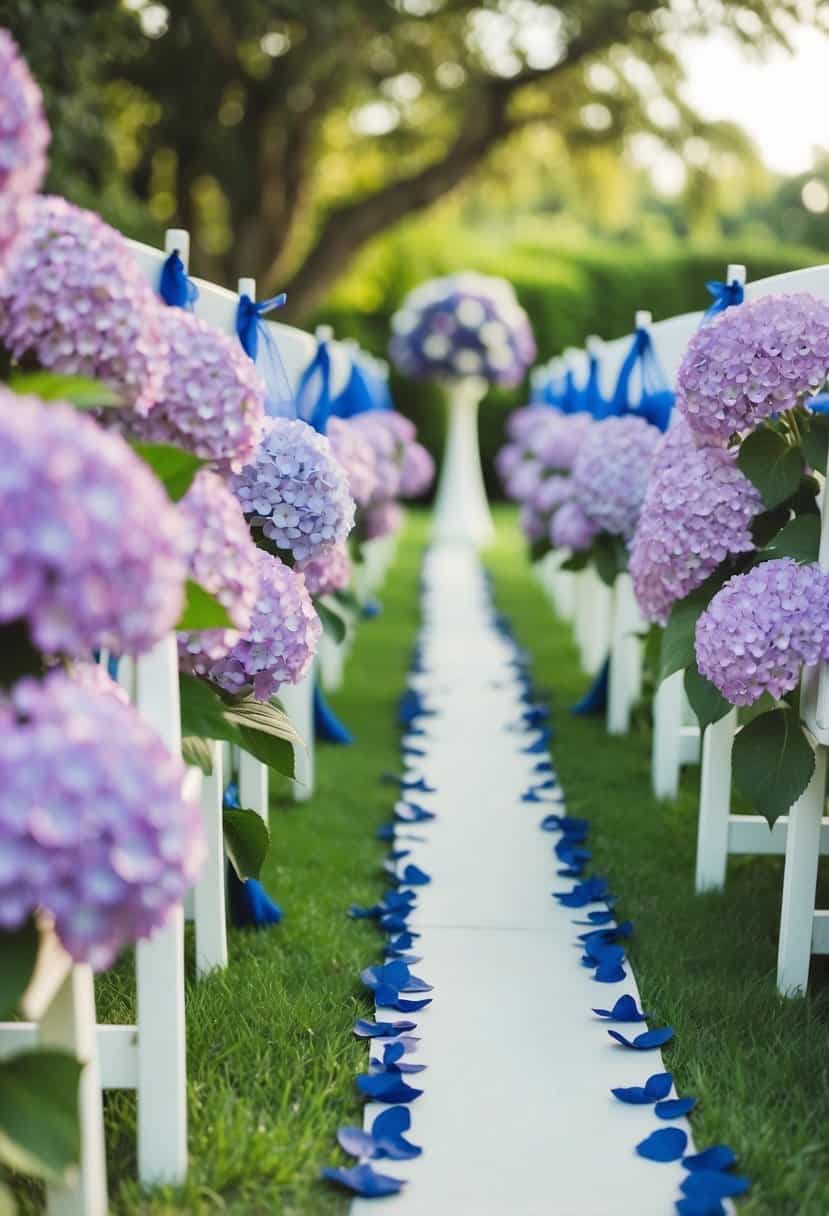A lush aisle lined with vibrant purple hydrangeas and delicate blue accents