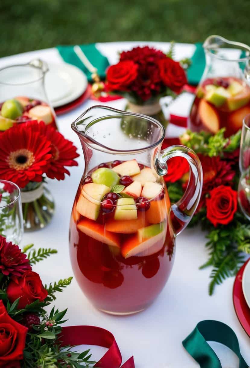 A glass pitcher filled with cran-apple sangria surrounded by red and green wedding decor, such as flowers, ribbons, and table settings