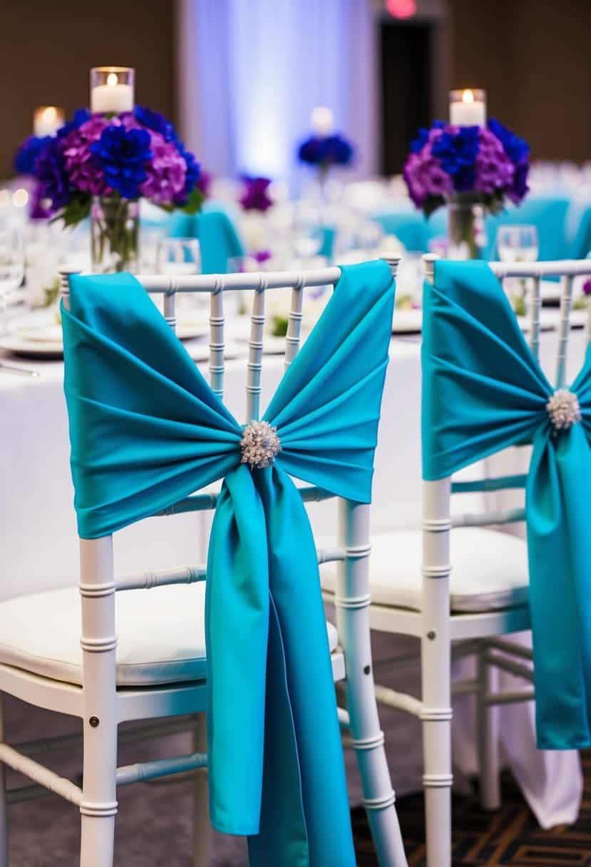 Cerulean chair sashes draped over white chairs at a wedding reception, accented with purple and blue floral centerpieces
