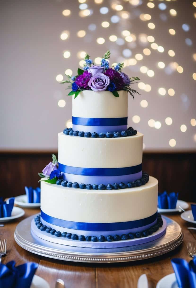 A three-tiered blueberry wedding cake adorned with purple and blue flowers and ribbons