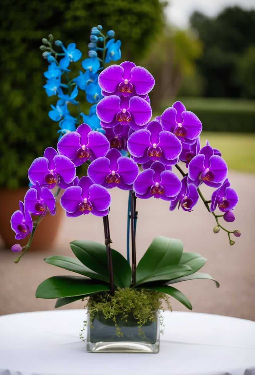 A bouquet of purple orchids and blue flowers arranged on a white tablecloth