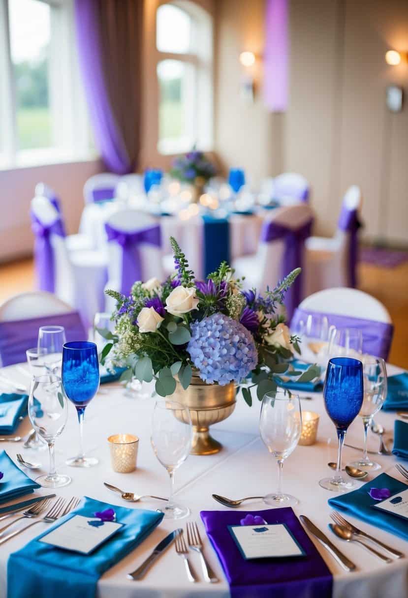 A table set with cornflower blue and purple decor for a wedding reception