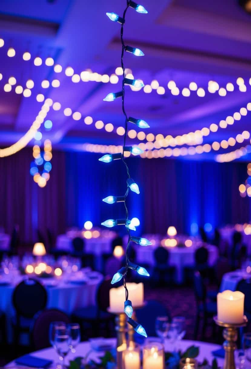 Royal blue fairy lights twinkle amidst a sea of purple and blue wedding decor, casting a romantic and enchanting glow over the elegant reception space