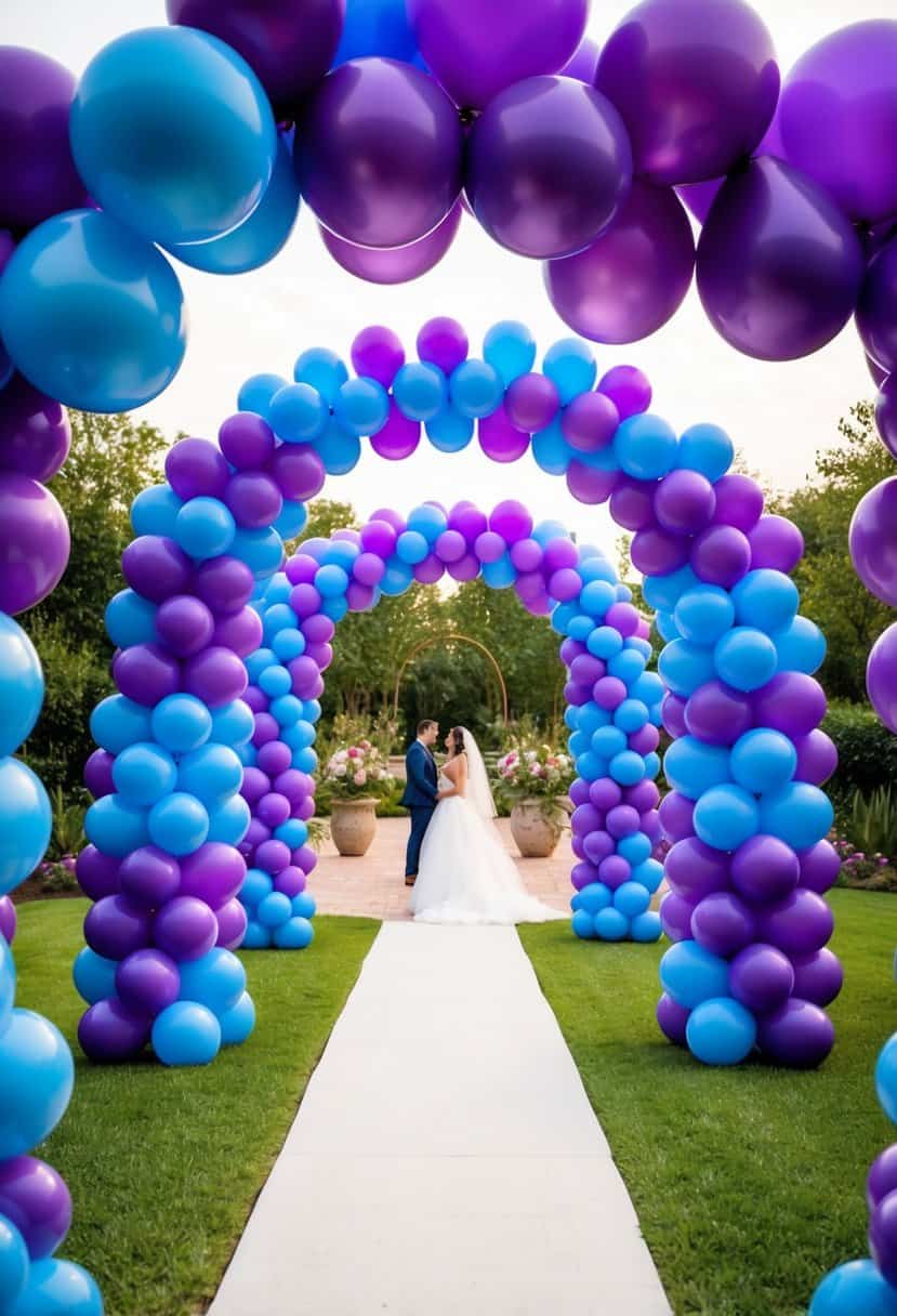 A whimsical wedding scene with vibrant purple and blue balloon arches framing the entrance, creating a dreamy and romantic atmosphere
