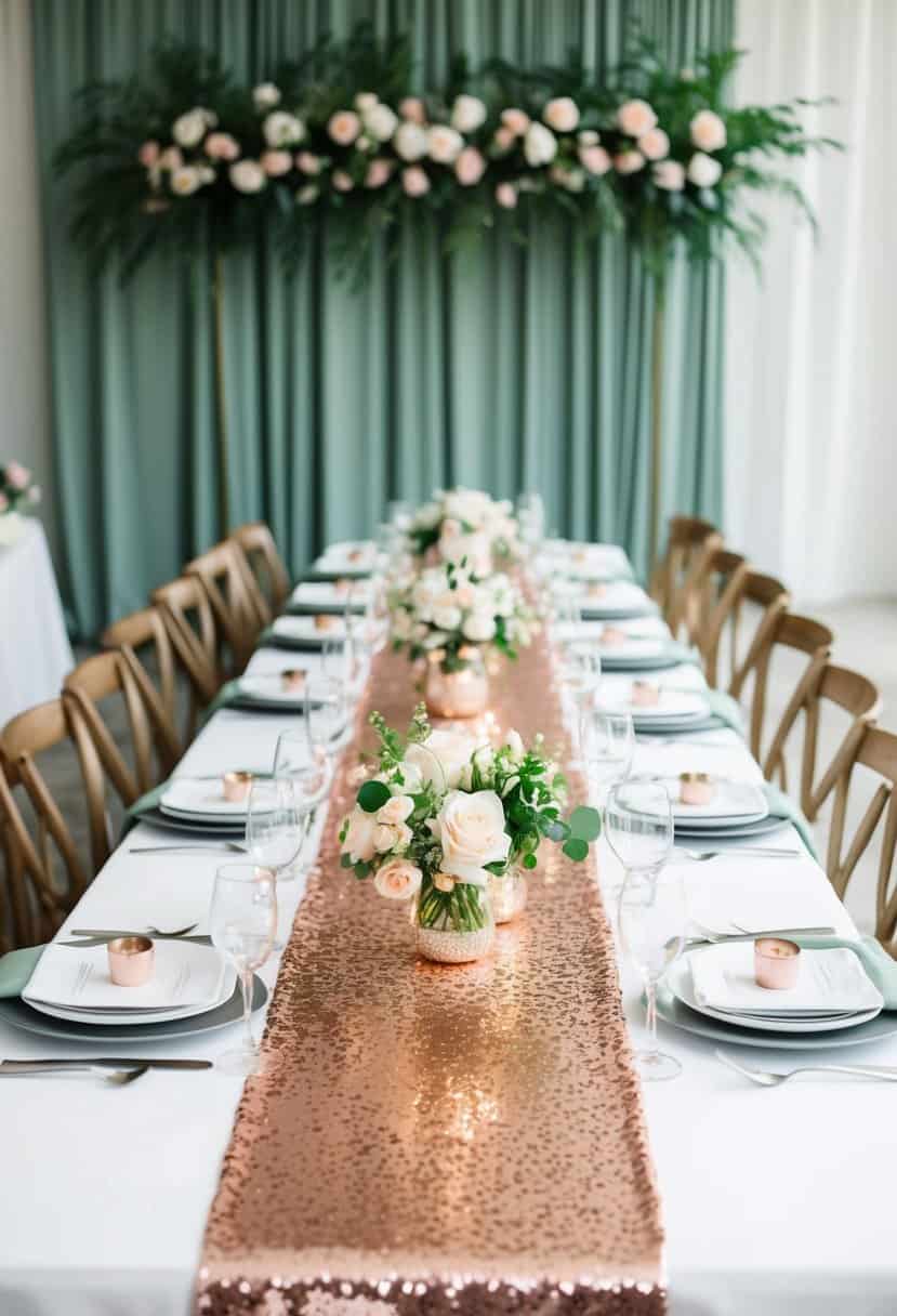 A banquet table adorned with rose gold sequin runners, set against a backdrop of sage green accents and floral arrangements