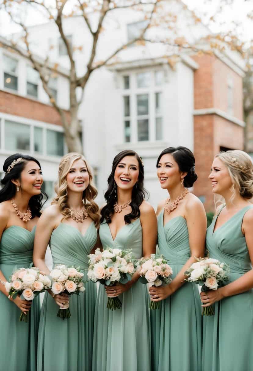 A group of bridesmaid dresses in sage green, complemented by rose gold accessories and decor for a wedding