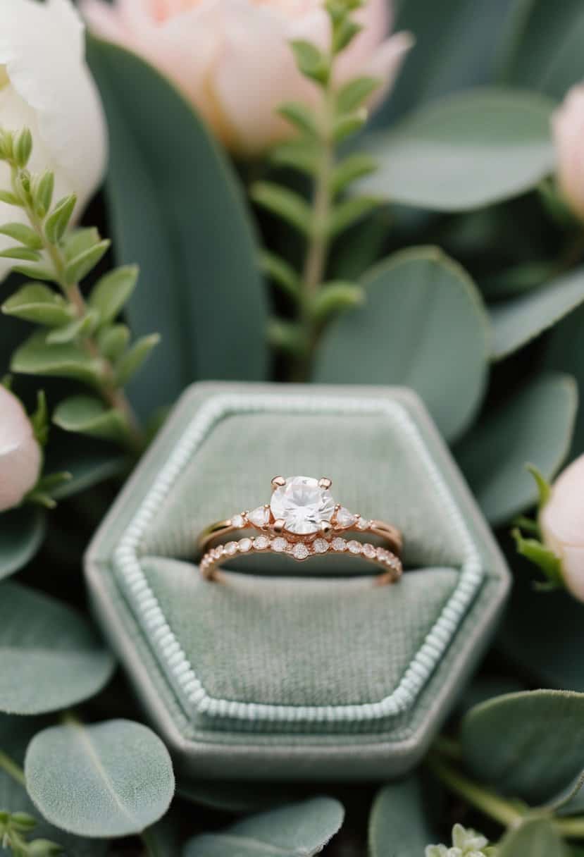 A delicate rose gold wedding ring set nestled among sage green foliage and floral arrangements