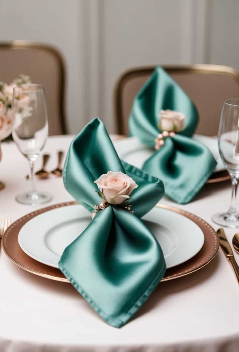 Sage green silk napkins arranged with rose gold accents for a wedding table setting