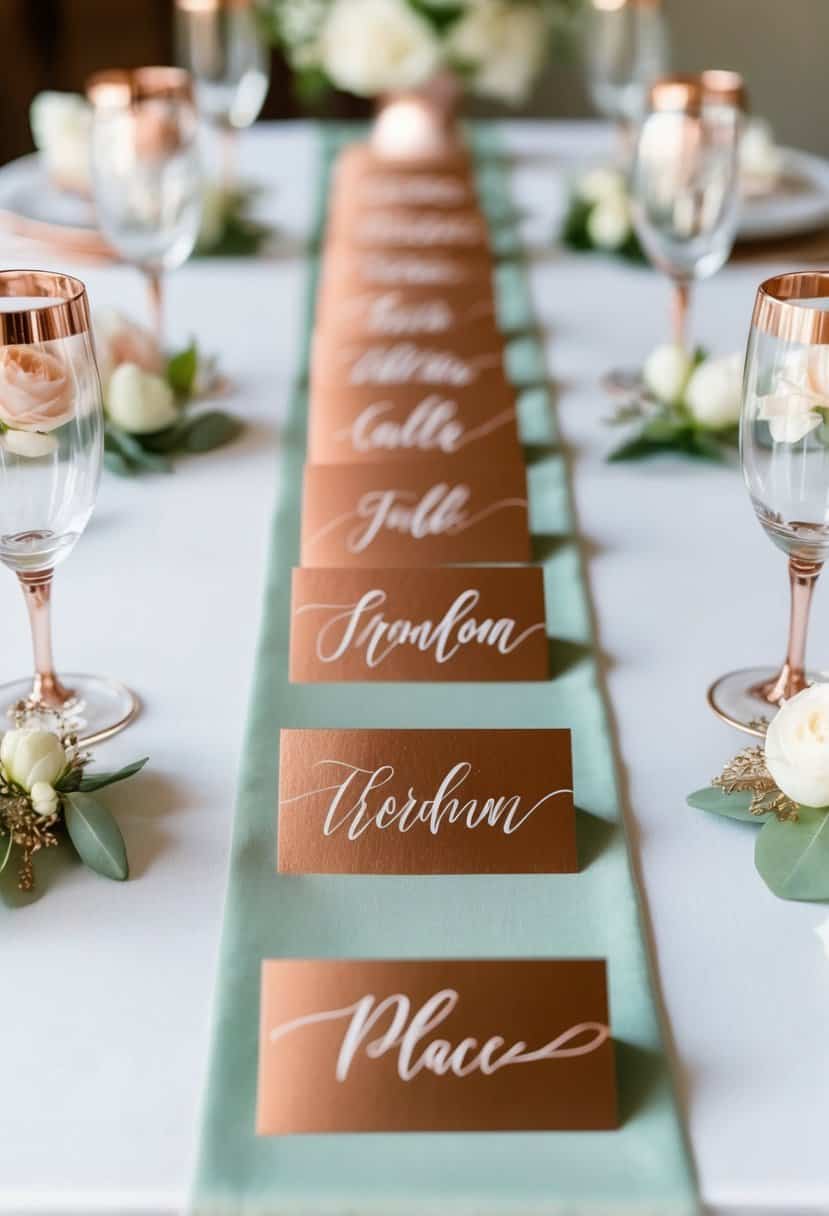 Rose gold calligraphy place cards arranged on a sage green table runner with delicate floral accents
