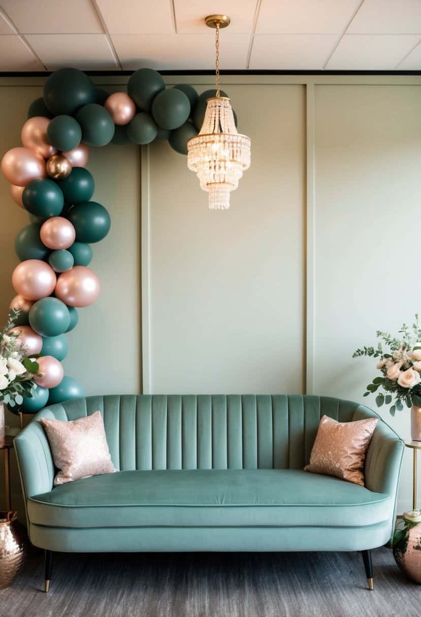 A sage green velvet couch sits in a lounge area, surrounded by rose gold and sage green wedding decor