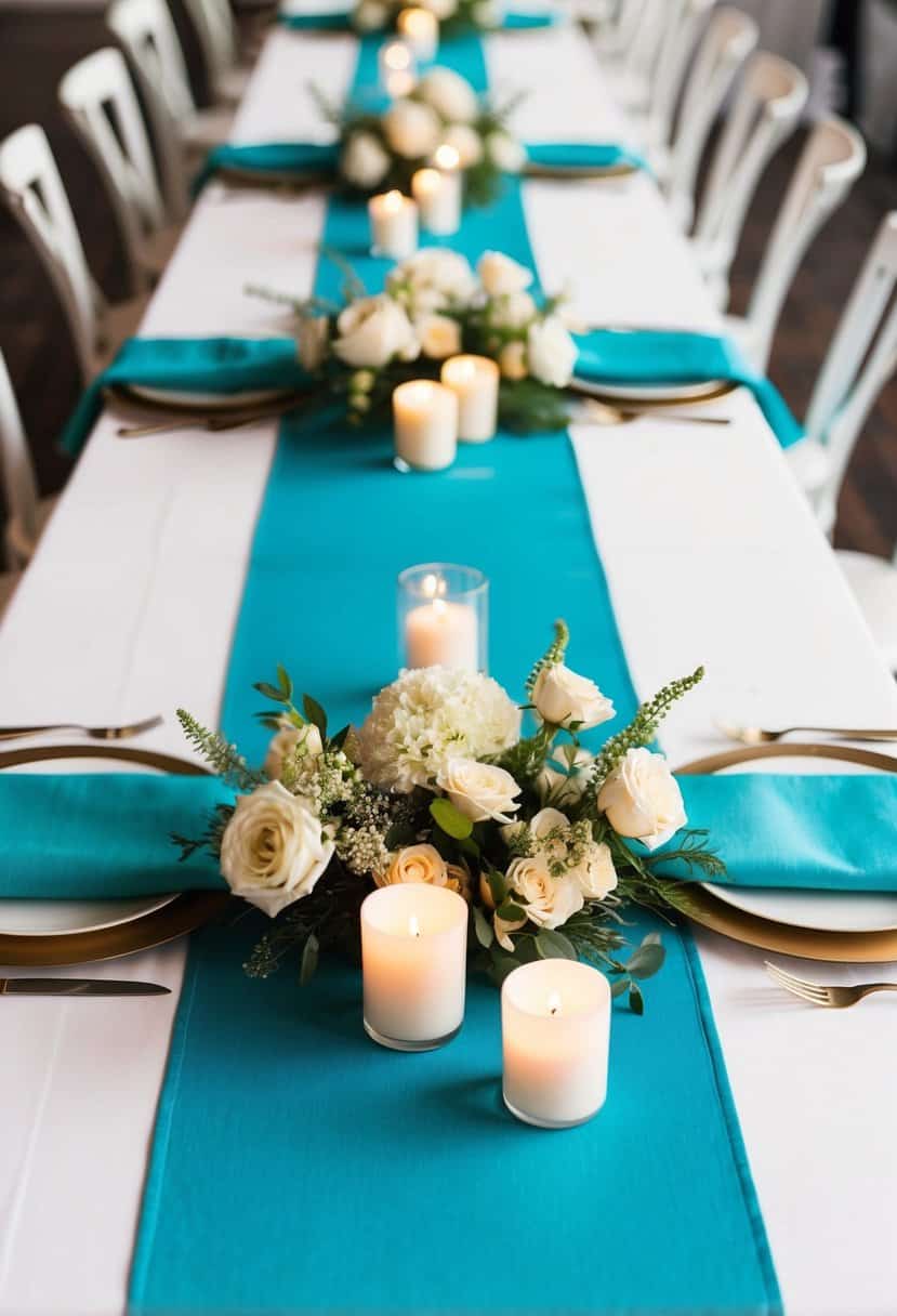 Aqua table runners laid out on a white table, surrounded by floral centerpieces and tealight candles