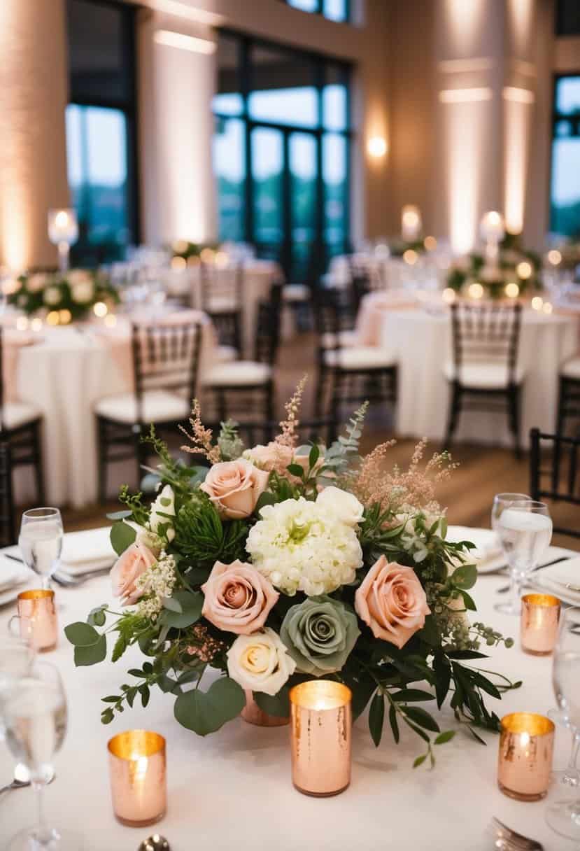 Lush rose gold and sage green floral centerpieces adorn a wedding reception, adding a touch of elegance and natural beauty to the romantic setting
