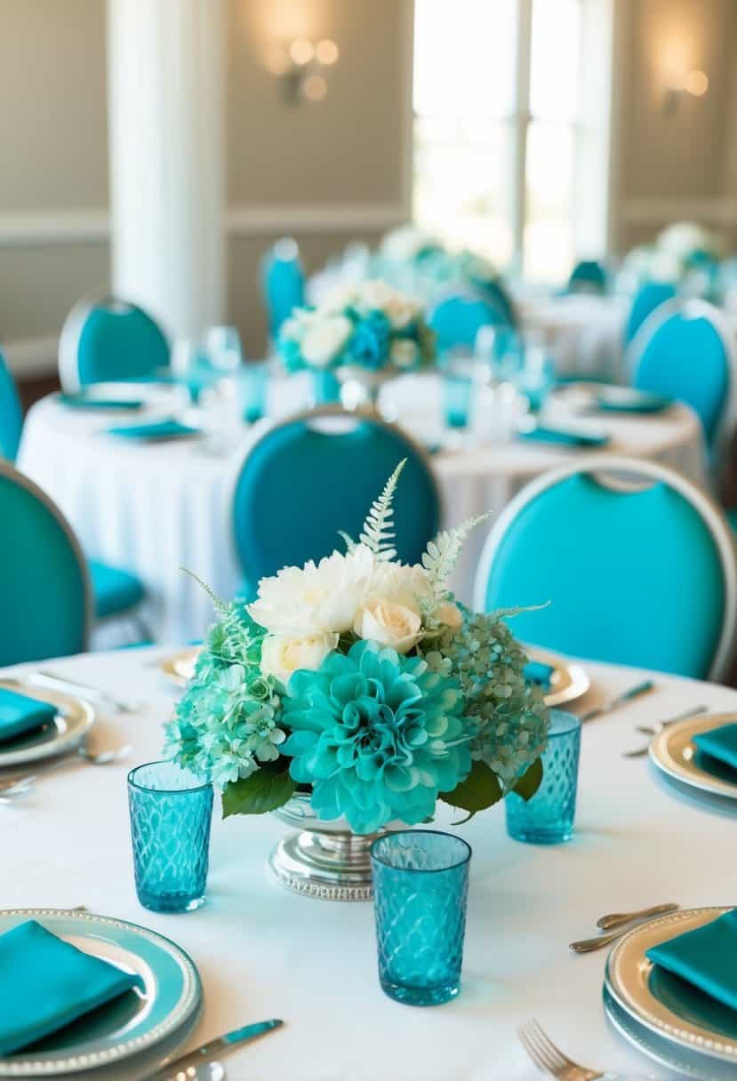Teal and aqua centerpieces arranged on a white table with silver accents