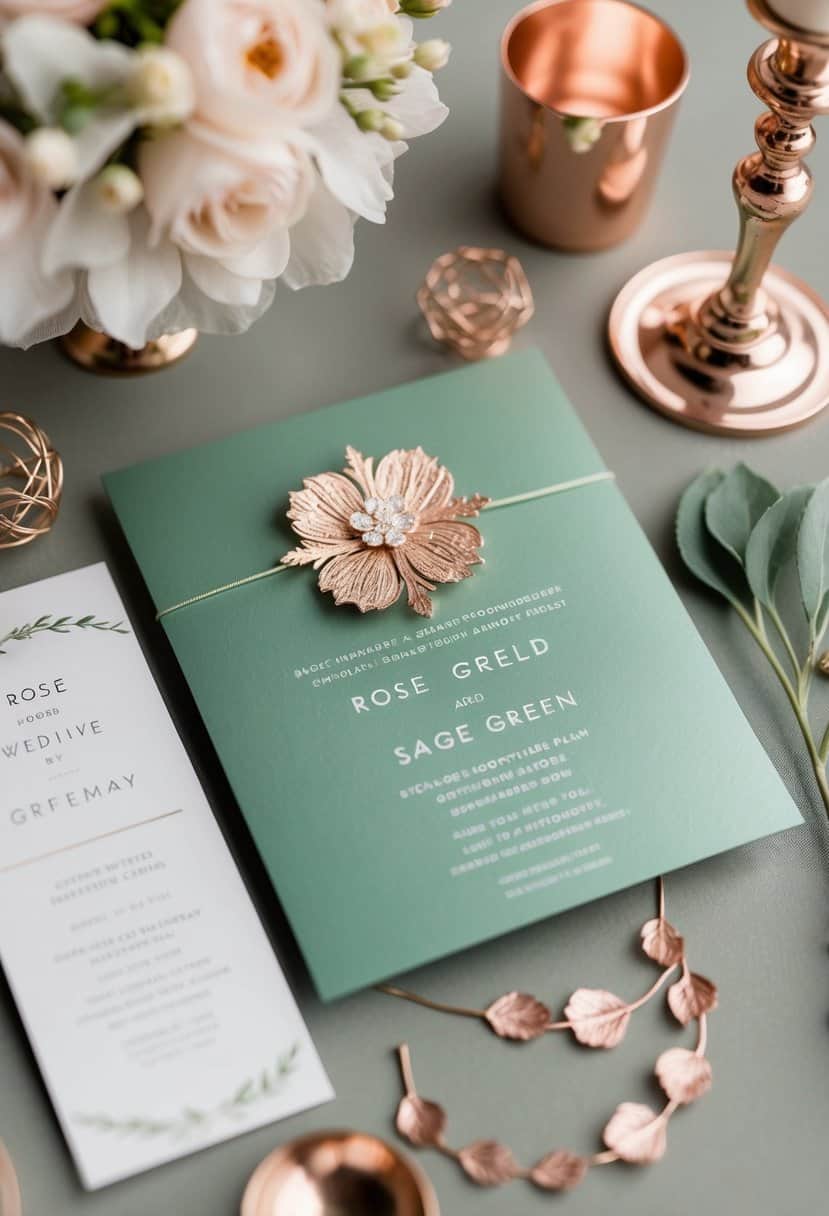 A sage green wedding invitation with rose gold foil, surrounded by delicate rose gold and sage green wedding decor