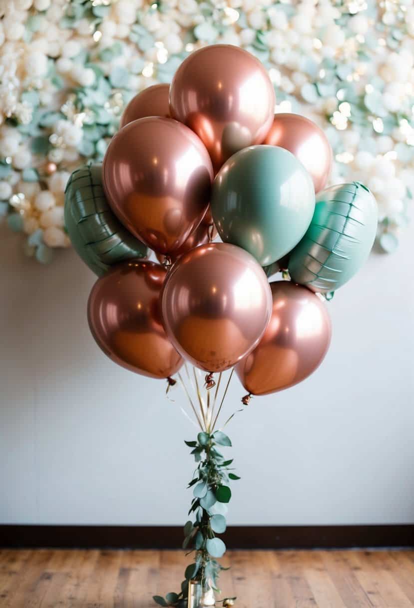 A bouquet of rose gold metallic balloons mixed with sage green decorations for a wedding celebration