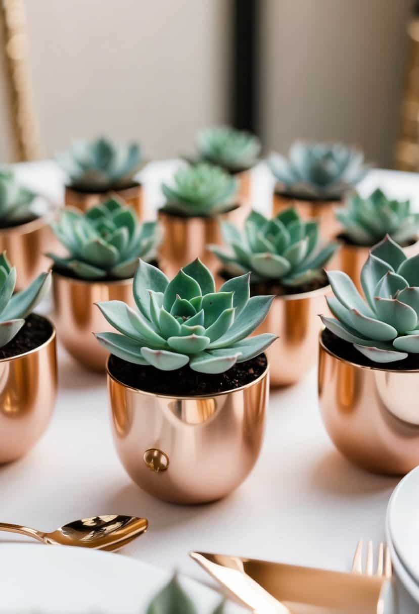 A collection of sage green succulent favors arranged with rose gold accents for a wedding celebration