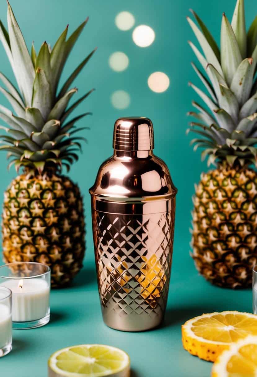 A sleek rose gold pineapple cocktail shaker surrounded by sage green wedding decor and fresh pineapple accents