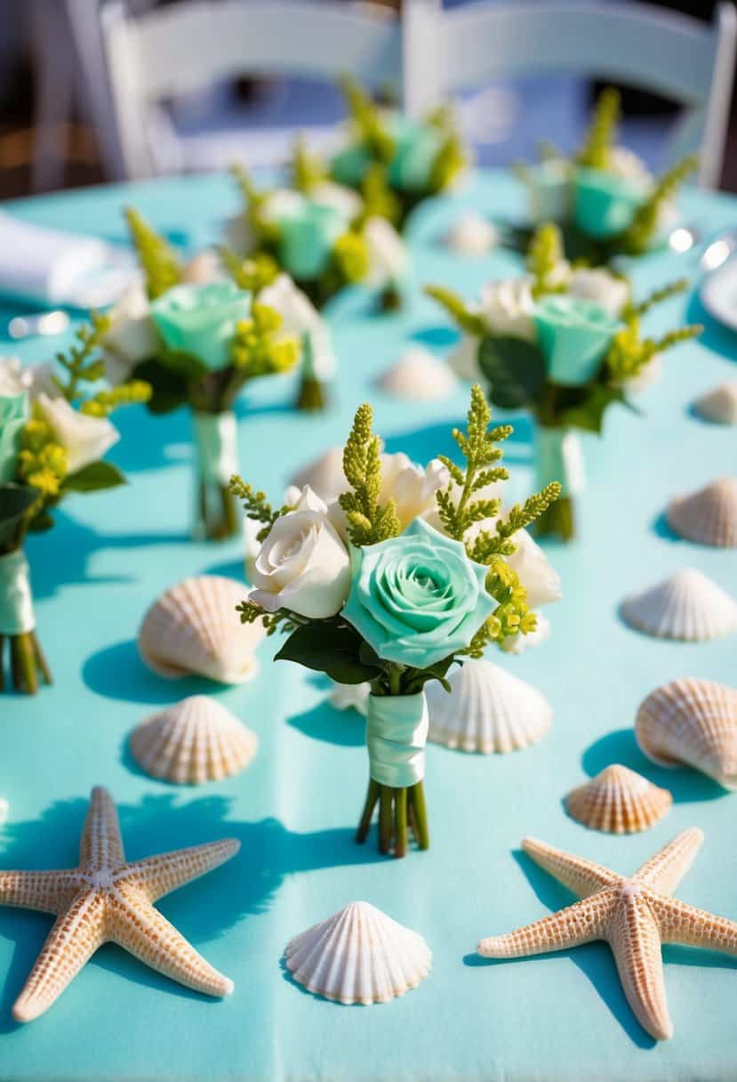 Seafoam green boutonnieres arranged on a crisp aqua tablecloth, surrounded by delicate seashells and shimmering starfish