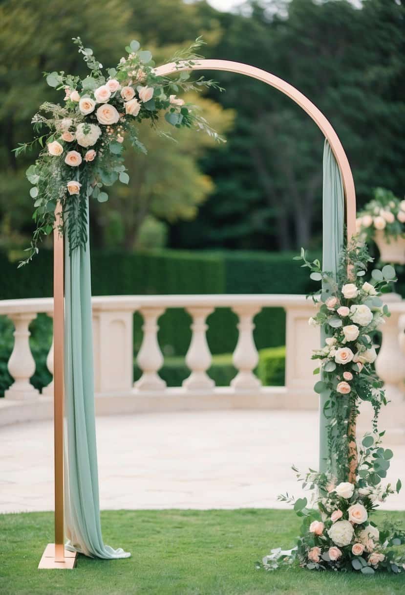A sage green and rose gold wedding arch adorned with flowers and greenery, set against a backdrop of a lush garden or elegant venue