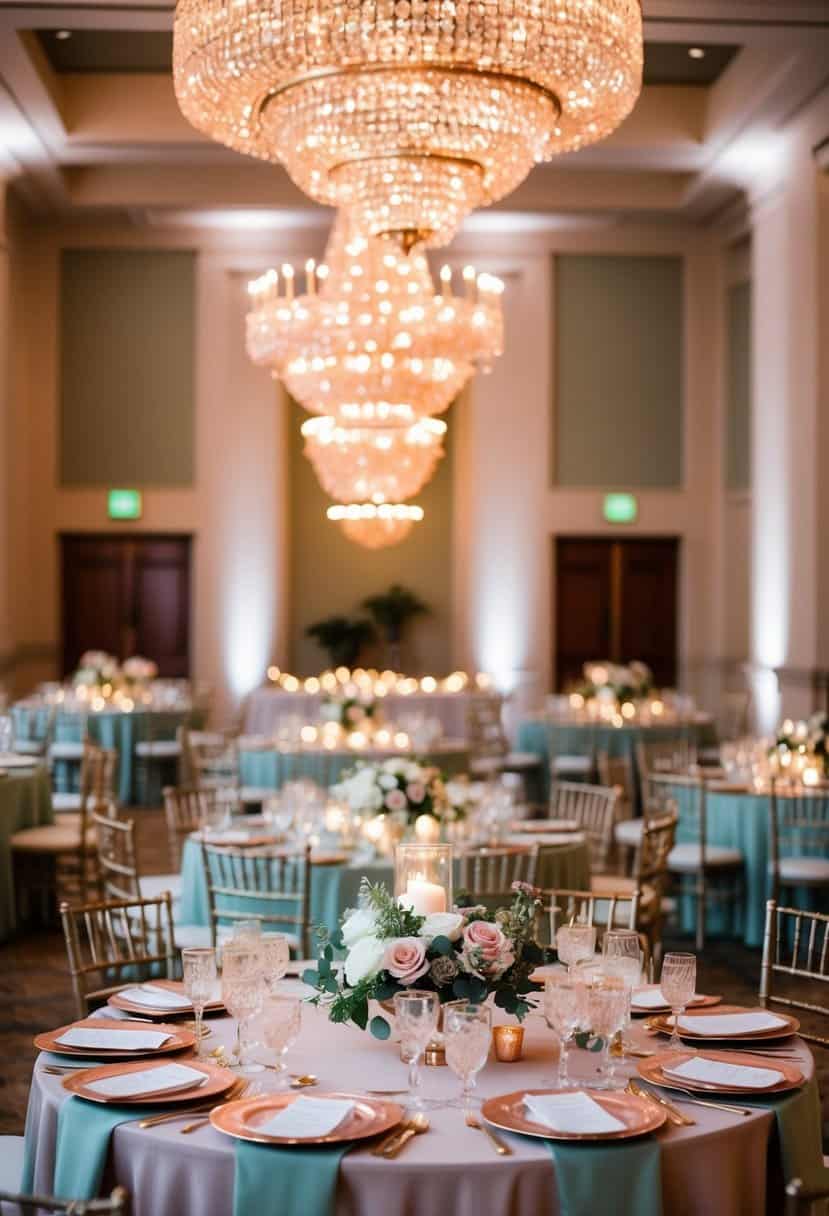 A grand reception hall with rose gold chandeliers casting a warm glow over tables adorned with sage green and rose gold decor