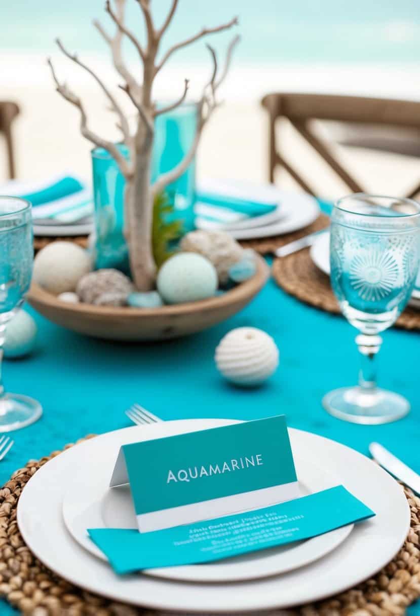 A table set with aquamarine place cards, surrounded by ocean-inspired decor