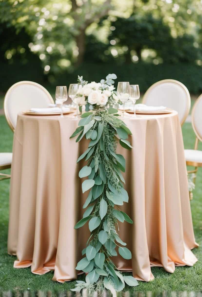 A sage green leafy garland drapes across a rose gold table, creating an elegant and natural centerpiece for a wedding reception