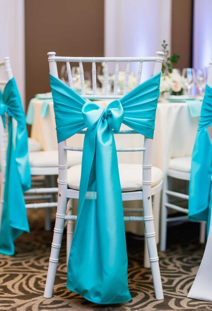 A Tiffany blue chair sash drapes elegantly over a white chair, adding a pop of aqua to a wedding reception