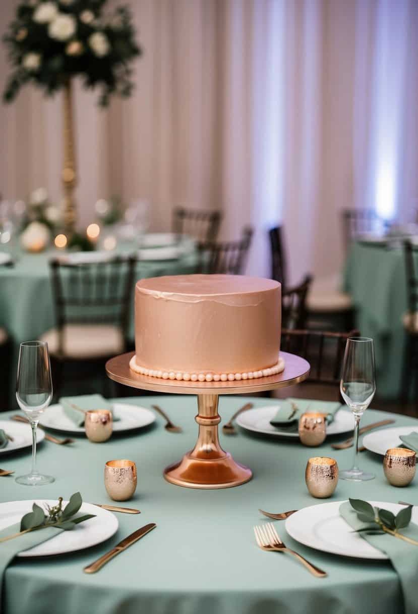 A rose gold cake stand sits on a sage green table with matching decor for a wedding reception