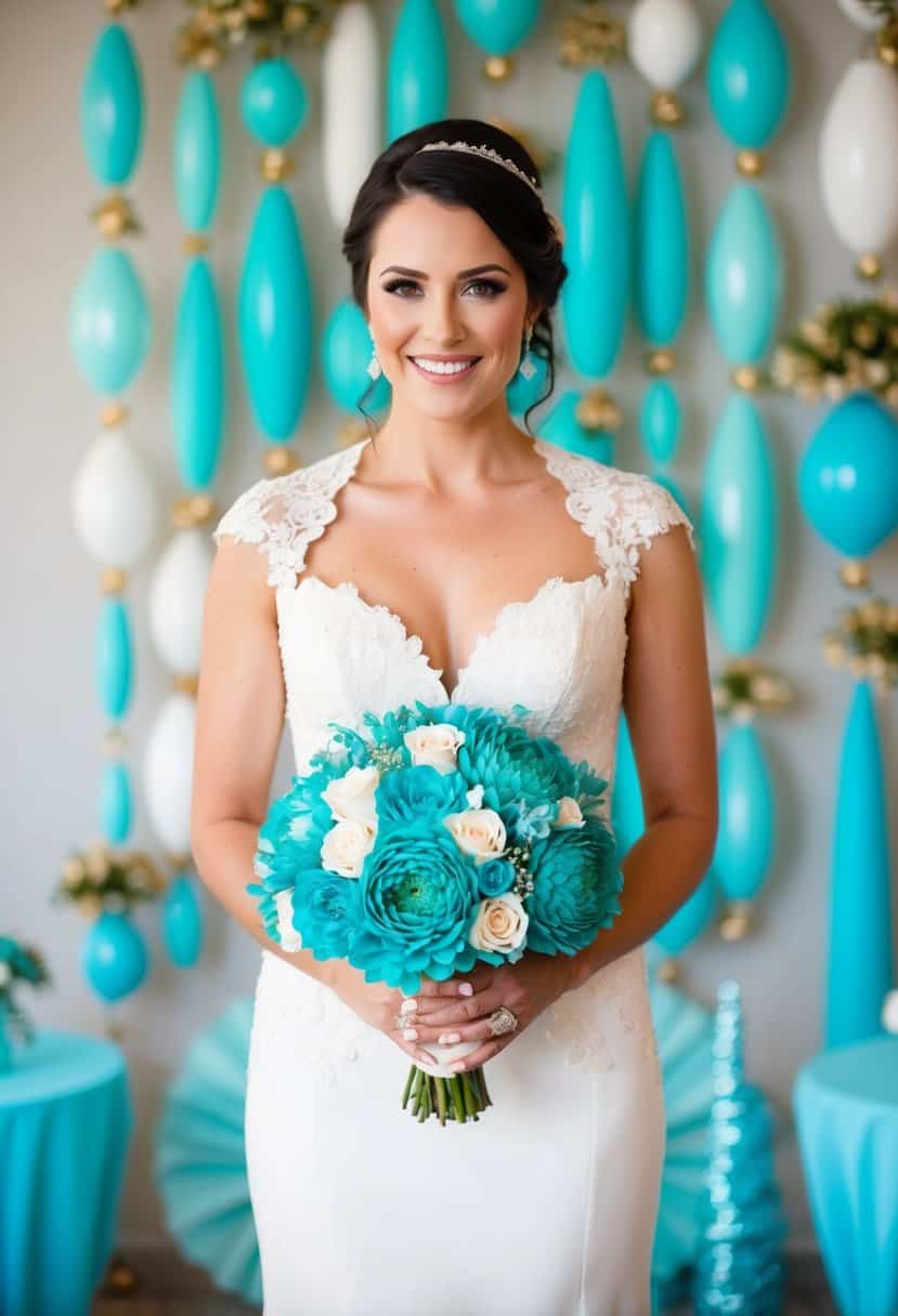 A bride holding a vibrant turquoise bridal bouquet against a backdrop of aqua wedding decor